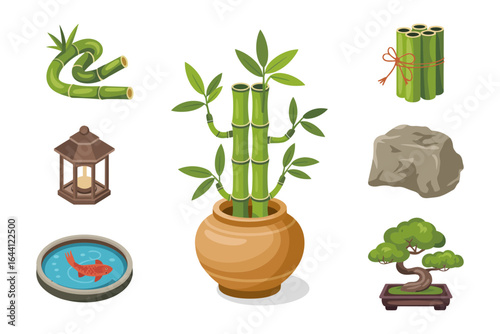 Japanese garden elements vector, bamboo arch bridge raked sand, moss rock and bamboo grove, tranquil outdoor illustration
