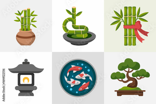 Bamboo zen garden icon set, bonsai tree koi pond stone lantern, shishi odoshi bamboo fountain, peaceful landscape vector illustration