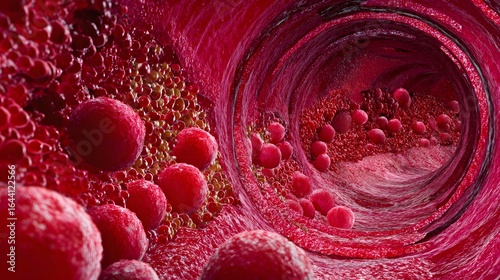 Close-up view of blood vessels and blood cells.
