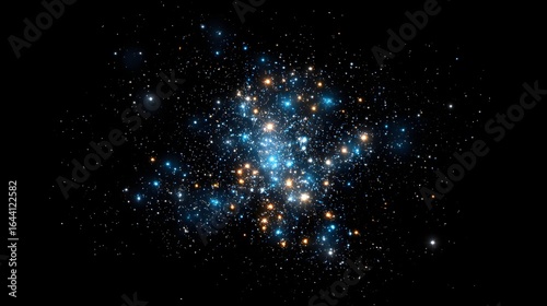 Abstract design of glowing particles on a black background.