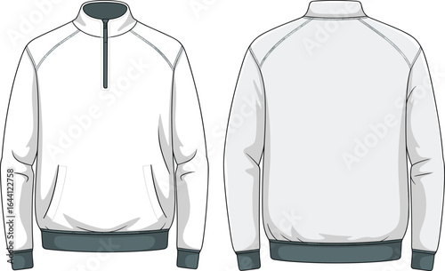 Pullover jacket front and back view, high collar, half zip closure, dark cuffs, pockets, stitching detail, fashion sketch, apparel design