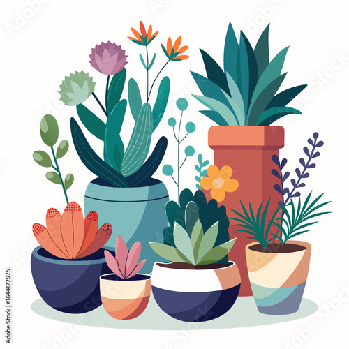 Flowering Plants and Succulents Minimalist Vector Composition