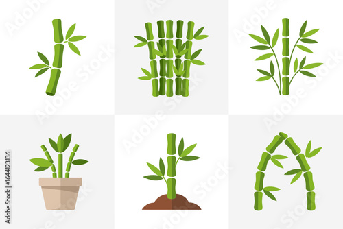 Bonsai and miniature tree icons, pot and moss rock composition, traditional pruning silhouette, garden ornament vector illustration