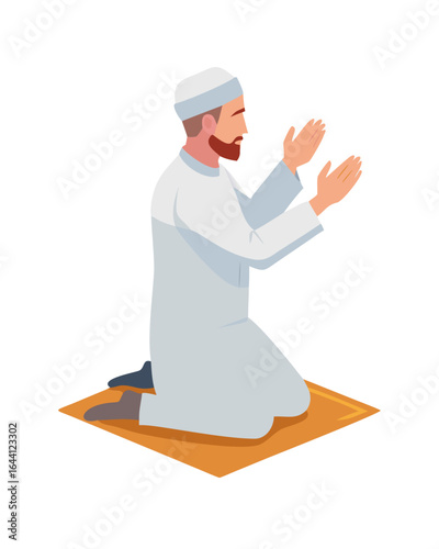 Vector art of muslim man praying with hands raised, isolated on transparent background