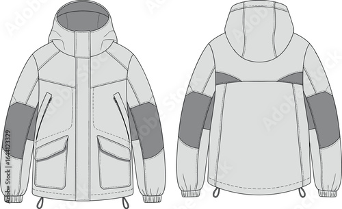 Technical jacket front and back view, hooded design, zippered chest pockets, flap pockets, reinforced elbows, adjustable hem, fashion illustration