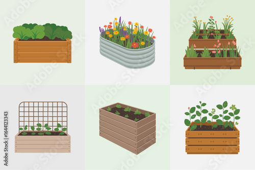 Planter box and flower bed collection, herb garden vector, container gardening illustration, community garden clipart, landscape design asset