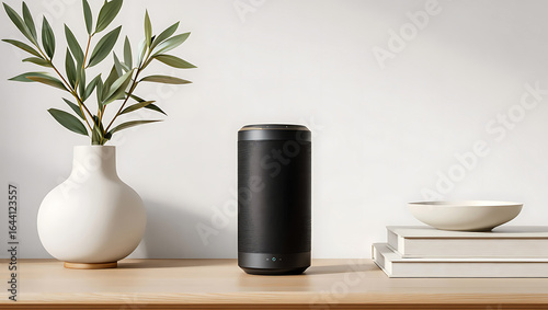 Smart Home Audio System with Minimalist Decor and Natural Elements on a Wooden Surface