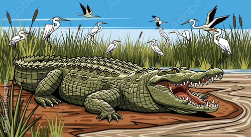 A large crocodile rests in a marsh, surrounded by birds.