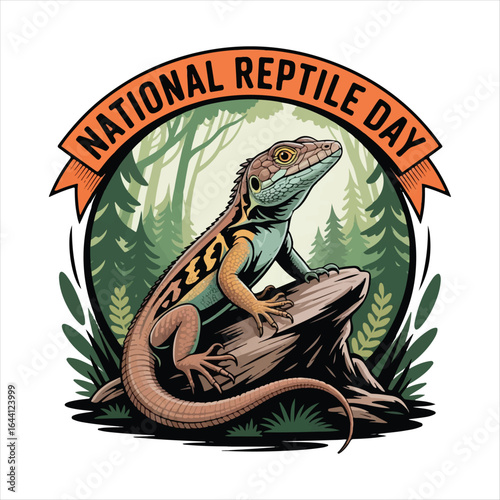 Vibrant Lizard Illustration: National Reptile Day Badge, Forest Background, Cartoon Style