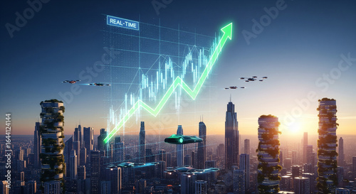 Wallpaper Mural Futuristic City Skyline at Sunset with Real-Time Growth Chart and Advanced Flying Vehicles Torontodigital.ca