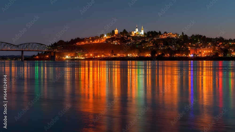 Fototapeta premium Colorful city lights reflected on a calm river at night.