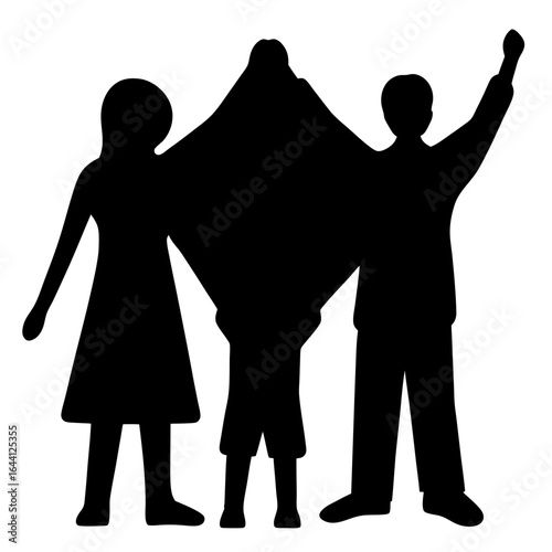 Silhouette of family of three holding up a square blanket together happily