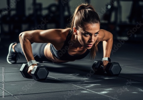 Woman performing a challenging dumbbell push-up exercise in a dimly lit gym environment focusing intensely on her workout routine