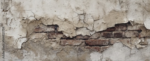 The distressed wall showcasing cracked paint and exposed bricks.