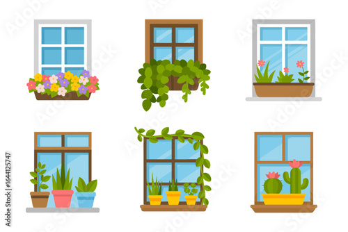 Window planter and sill plant icons, potted herbs and flower boxes, home window decoration, indoor gardening vector, botanical clipart, cozy apartment decor, printable poster, flat vector illustration