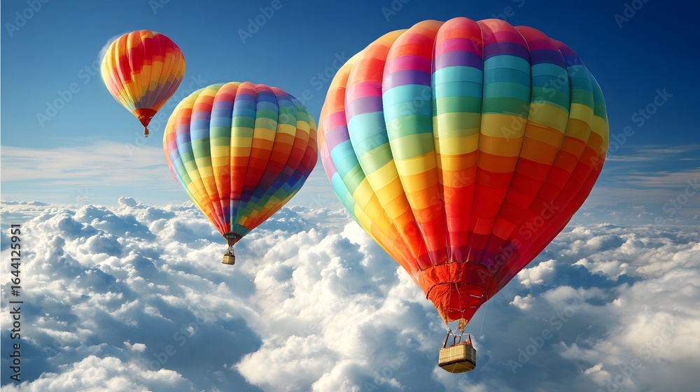 Fototapeta premium Colorful hot air balloons soaring above fluffy clouds.