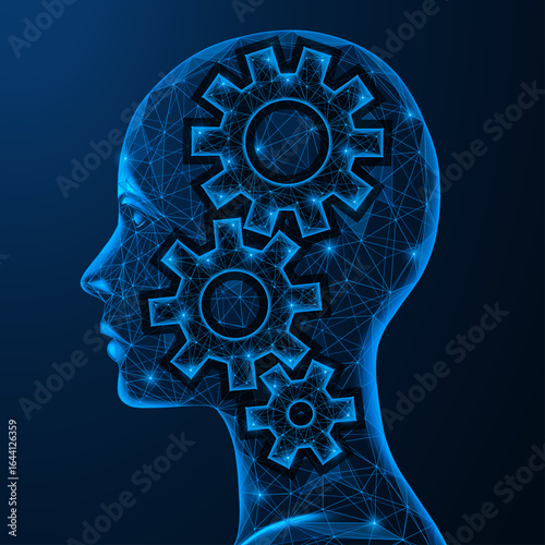 Mechanisms of the mind. There are three gears embedded inside the head that symbolize the thought process, intelligence, and the work of the brain as a complex mechanism. Polygonal design.