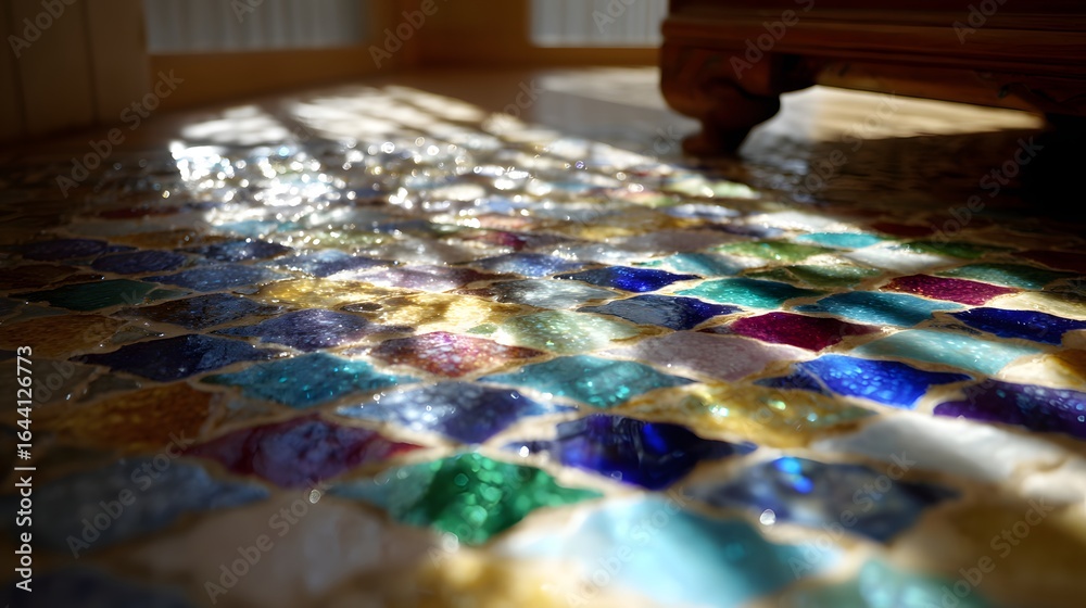 Fototapeta premium Colorful mosaic tile floor with sunlit reflections.