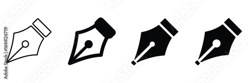 Illustration of four pen nibs with varying designs, representing writing instruments for calligraphy and drawing, isolated on white background, for artistic and educational purposes