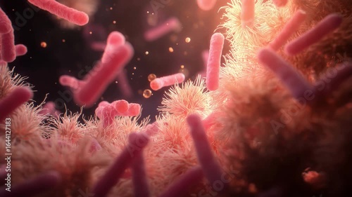 Glowing gut microbiome — microscopic journey among rod-shaped bacteria breaking down dietary fiber