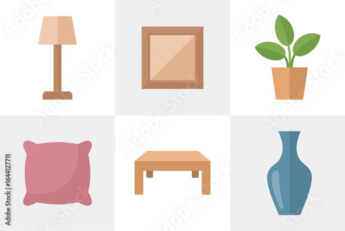 Home decor accessory set, floor lamp picture frame potted plant cushion side table vase, interior styling vector, cozy room illustration