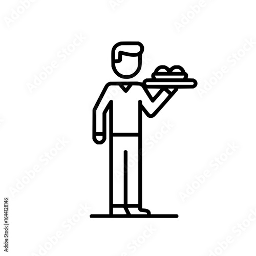 Waiter serving food restaurant service tray professional catering hospitality occupation line art icon 100 char