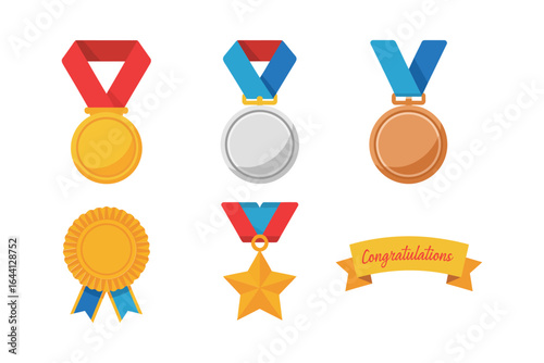 Award medal and ribbon icon set, gold silver bronze medal star rosette ribbon badge, achievement award vector, prize certificate element
