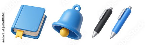 Stationery icons with notebook, bell, and pens in blue 3D. Glossy plastic style with metal accents. Isolated on white background.