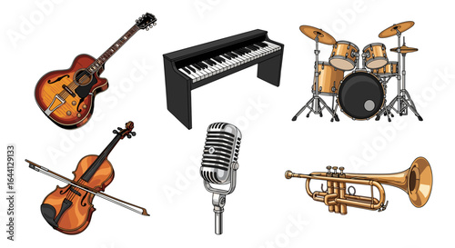Collection of Musical Instruments Ready for Performance Isolated on Transparent Background
