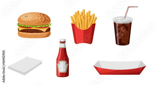 Delicious Burger Fries Soda Ketchup Napkin and Tray Set Isolated Transparent Background For Food Service Business