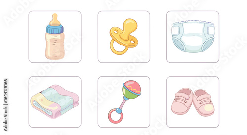 Set of Essential Baby Care Items Including Bottle Pacifier Diaper Blanket Rattle Shoes Isolated on Transparent Background
