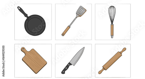 Collection of essential cooking utensils and kitchen tools isolated on transparent background for culinary projects