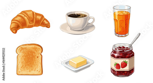 Delicious Morning Breakfast Set Croissant Coffee Toast Jam Butter Juice Isolated on Transparent Background