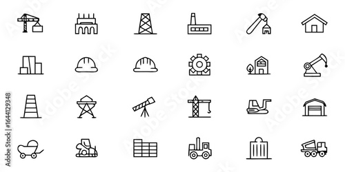 Construction & Industrial Building Outline Icon Set — Infrastructure, Factories, and Project Development Symbols Vector Illustrations for Engineering, Manufacturing, and Urban Planning