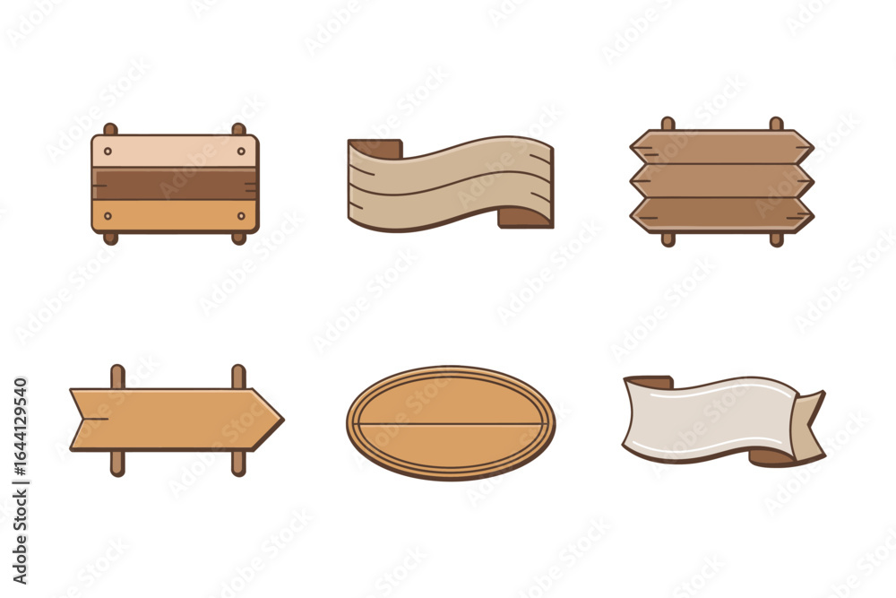 Naklejka premium Rustic wood sign icon pack, hanging plank ribbon panel vector, oval badge illustration, arrow board clipart, vintage label elements