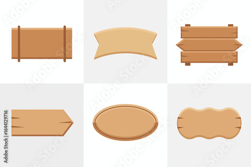 Blank wooden signboard icon set, rustic plank banner vector, hanging board illustration, arrow and oval plaque clipart, vintage signage elements
