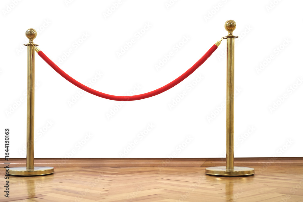 Golden barrier with red rope seamless line on the wooden floor, white background. Isolated Golden barrier with red rope seamless line on the wooden floor, white background. Isolated