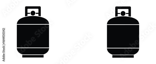 Vector art of two propane tank icons in black, symbolizing fuel storage and energy supply, isolated on white background, representing portable heating and cooking solutions