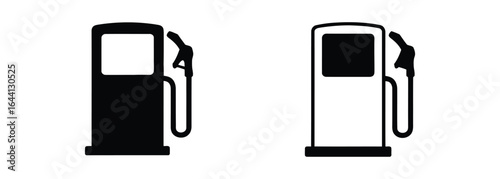 Illustration of two gas pump icons, one in black and the other in white, representing fuel and service, isolated on white background