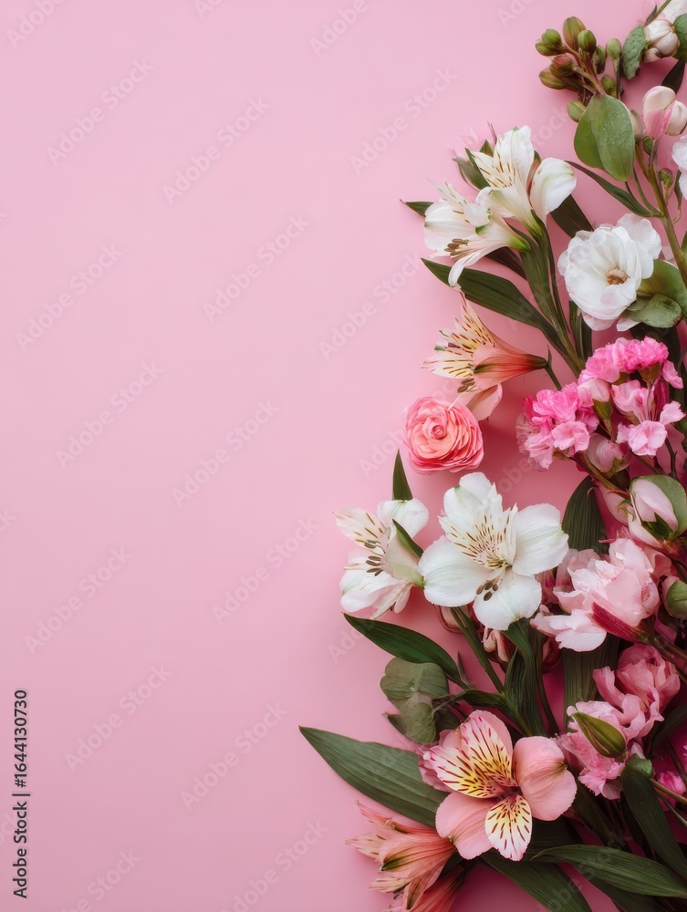 Naklejka premium banner with flowers on light pink background greeting card template for wedding mothers or womans day springtime composition with copy space flat lay style