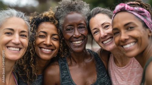 happy multi generational women having fun together  multiracial friends smiling on camera after sport workout outdoor  main focus on african female face no logos no brands ar 169