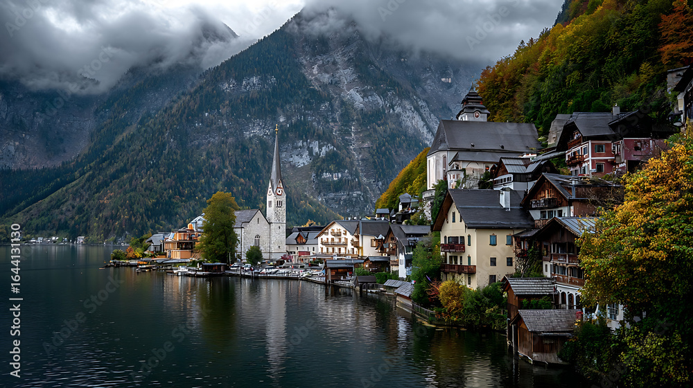 Naklejka premium Lakeside village nestled against misty mountains with autumn foliage image