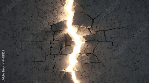 Light breaking through a cracked stone wall.