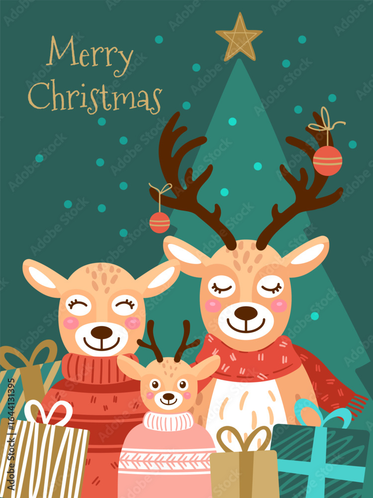 Naklejka premium Cute deer family in sweaters with gifts under Christmas tree, winter holiday greeting card, festive illustration with warm colors and Merry Christmas text.
