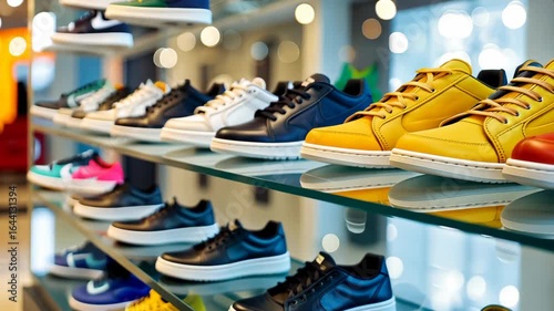 Trendy sneakers in vibrant colors are neatly arranged on display in a retail store, catching the eye of potential customers