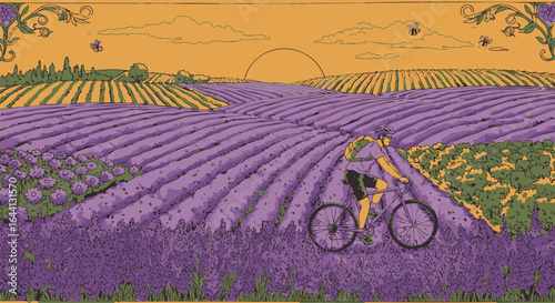 Vibrant Lavender Field with Cyclist and Bees