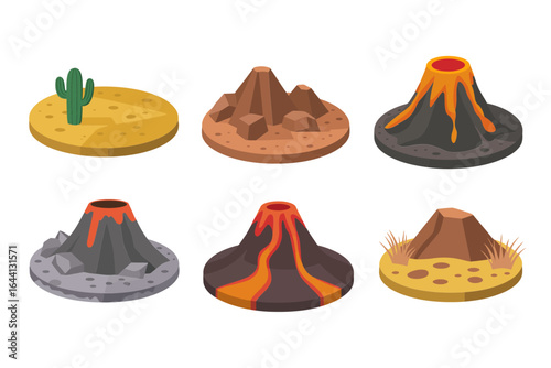 Cinder cone and crater icons, active volcano vector, scorched ground illustration, basalt rock clipart, earth science design