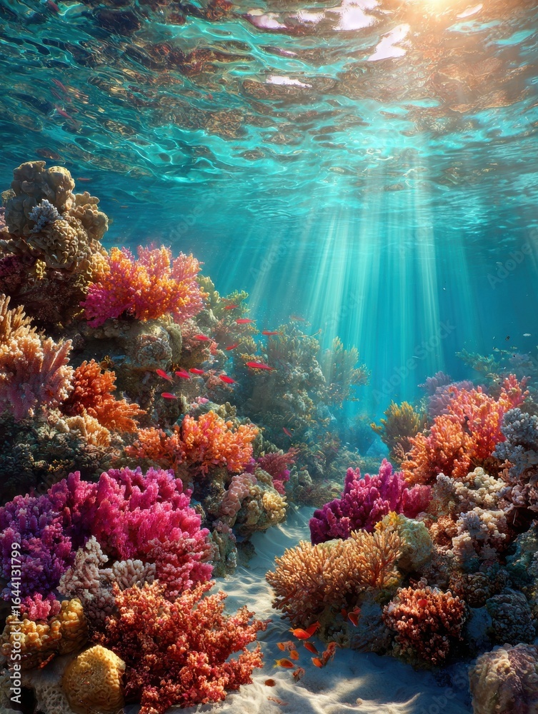 Fototapeta premium vibrant coral reef with sun rays filtering through crystal clear water