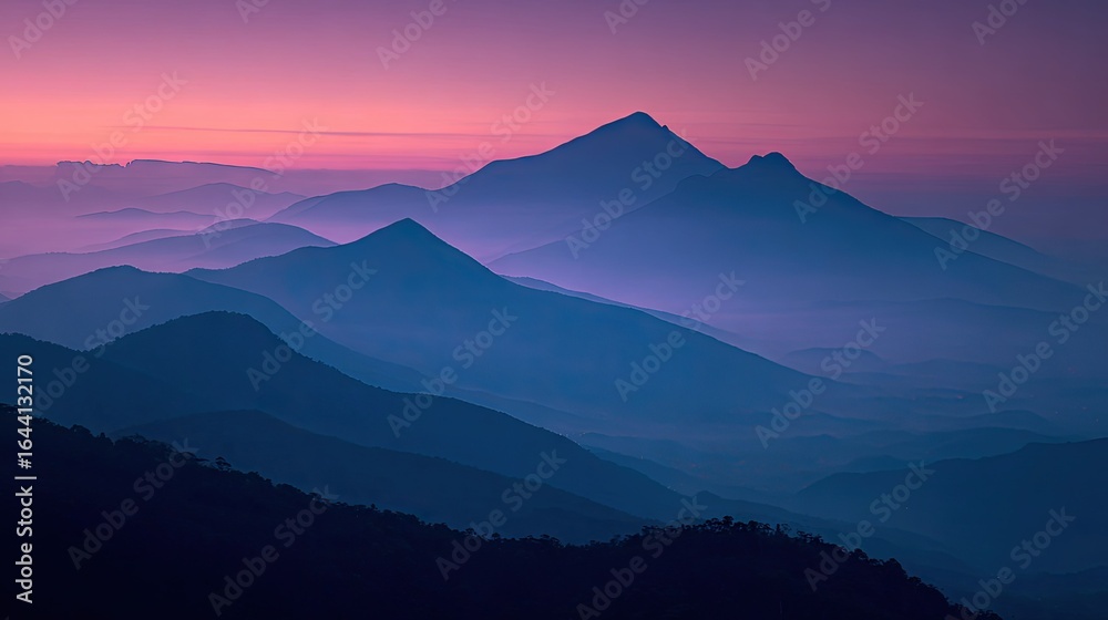 Fototapeta premium Mountain ranges at dawn, bathed in muted colors.