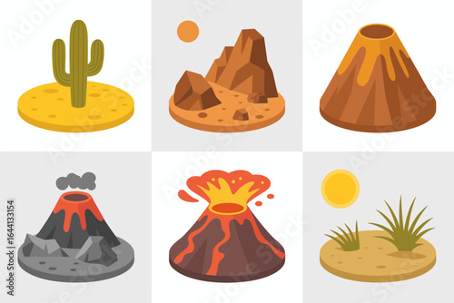 Desert volcano and lava field icons, scorched earth crater vector, volcanic geology illustration, survival game asset, outdoor adventure poster